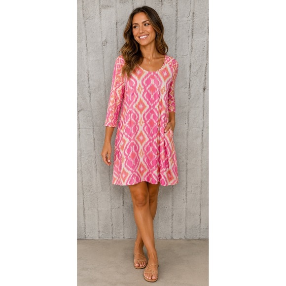 Gretchen Scott Designs Dresses & Skirts - Gretchen Scott Jersey Dress Ikat Print Pink Orange White Pockets L